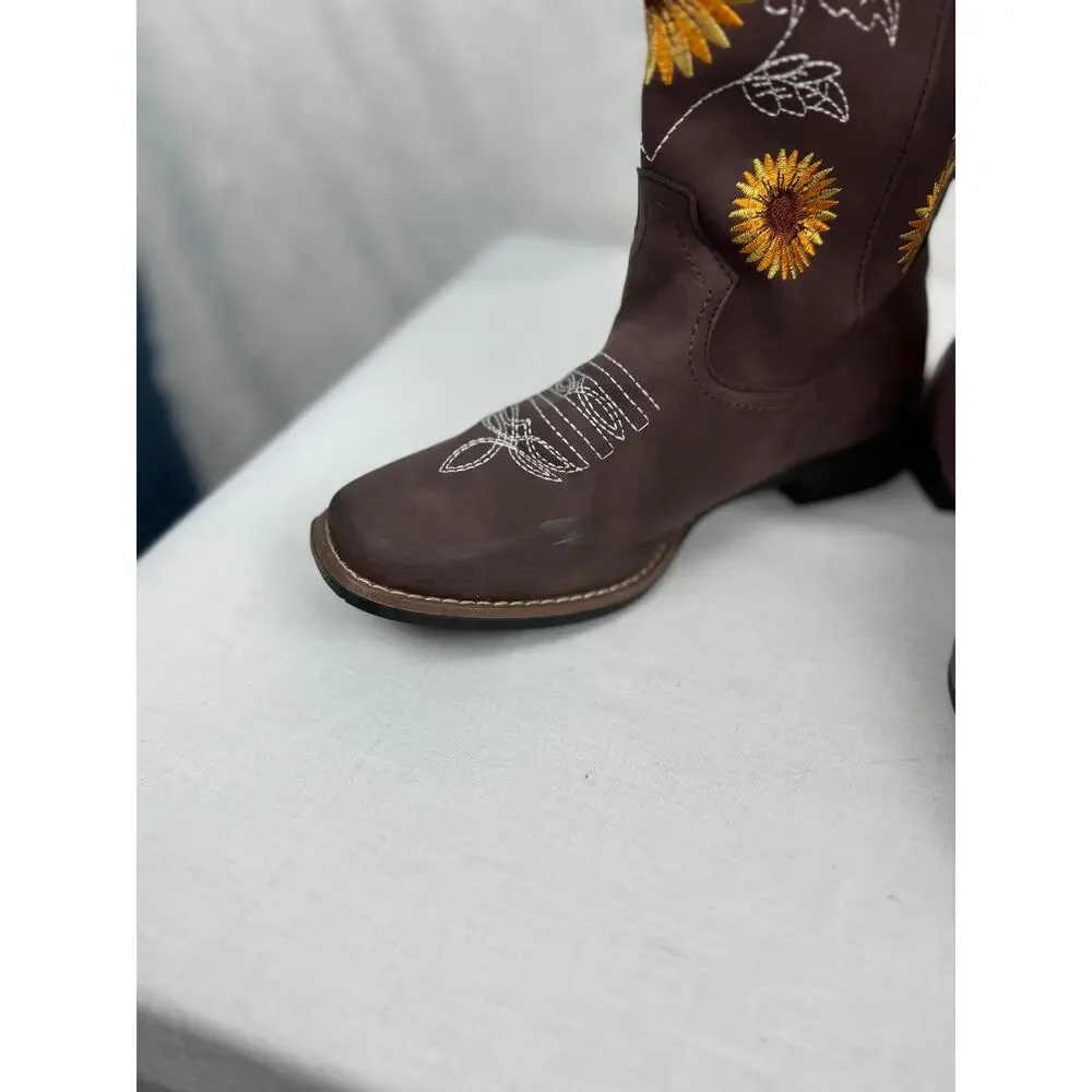 Women's Brown Sunflower Embroidered Western Cowboy Boots EU 43 / US 11